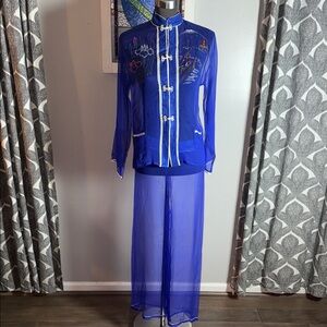 Vintage Japanese Sheer Silk Hand-Painted Souvenir Pajama Set - Blue Lace Trim